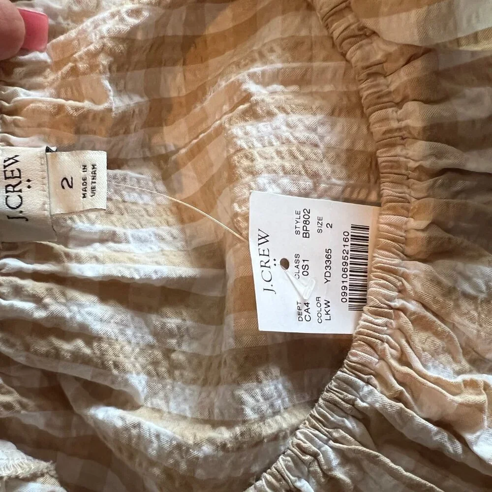 NWT J. Crew Seersucker Ruffleneck tiered mini dress, Sumner, Tan & White, Size 2